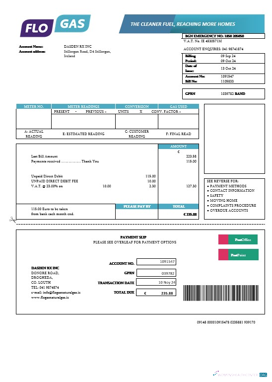 Ireland Flogas Natural Gas business utility bill template in Word and PDF formats